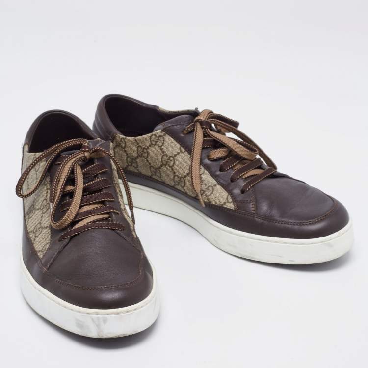 Pre Owned Gucci Beige/Brown GG Supreme Canvas And Leather Low Top Sneakers Size 43.5