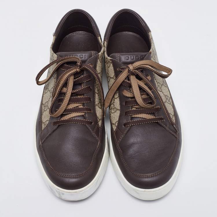 Pre Owned Gucci Beige/Brown GG Supreme Canvas And Leather Low Top Sneakers Size 43.5