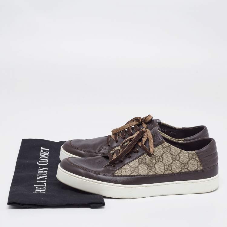 Pre Owned Gucci Beige/Brown GG Supreme Canvas And Leather Low Top Sneakers Size 43.5
