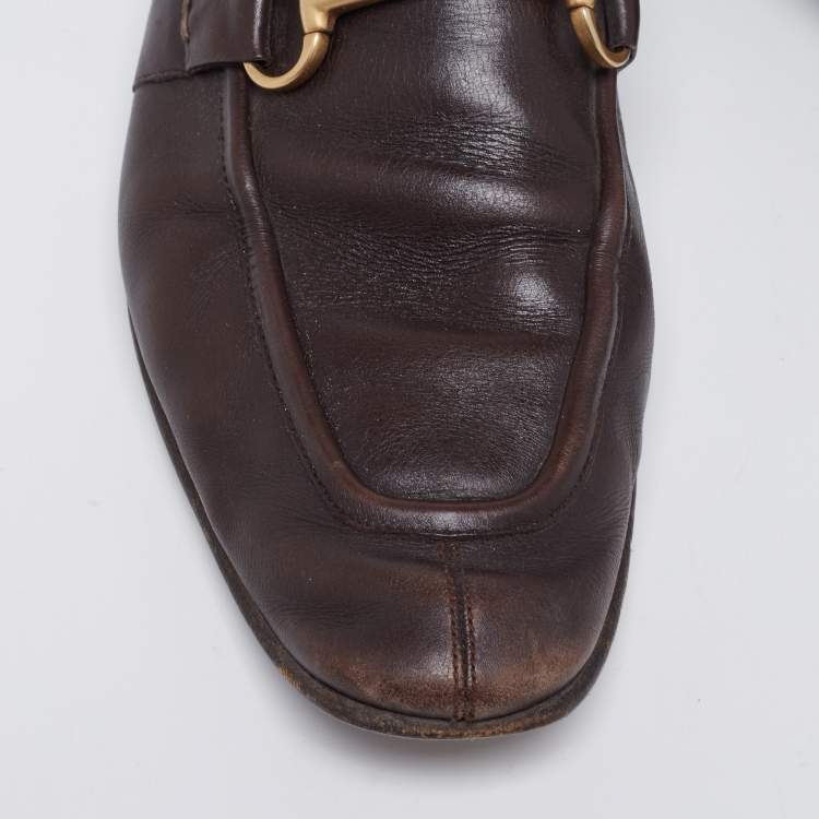 مملوكة مسبقًا Gucci Dark Brown Leather Jordaan Horsebit Slip On Loafers Size 44
