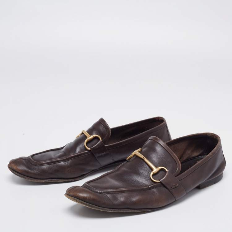 مملوكة مسبقًا Gucci Dark Brown Leather Jordaan Horsebit Slip On Loafers Size 44