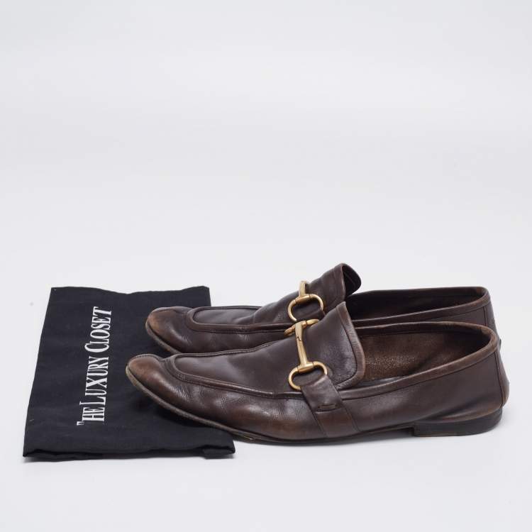 مملوكة مسبقًا Gucci Dark Brown Leather Jordaan Horsebit Slip On Loafers Size 44