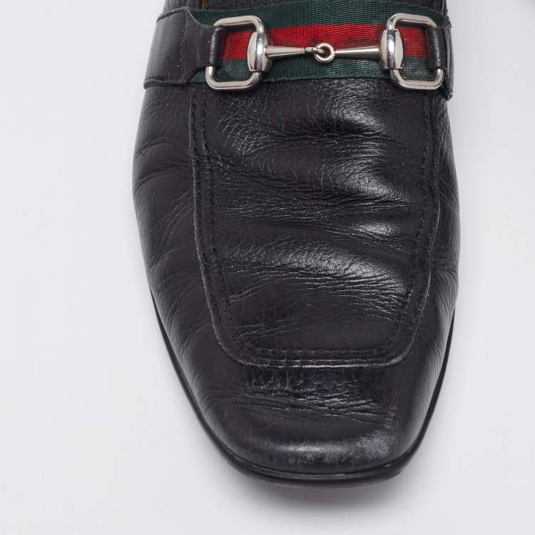 Pre Owned Gucci Black Leather Horsebit Web Detail Slip On Loafers Size 44.5