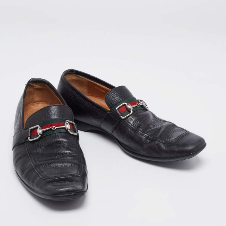 Pre Owned Gucci Black Leather Horsebit Web Detail Slip On Loafers Size 44.5