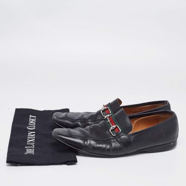 Pre Owned Gucci Black Leather Horsebit Web Detail Slip On Loafers Size 44.5