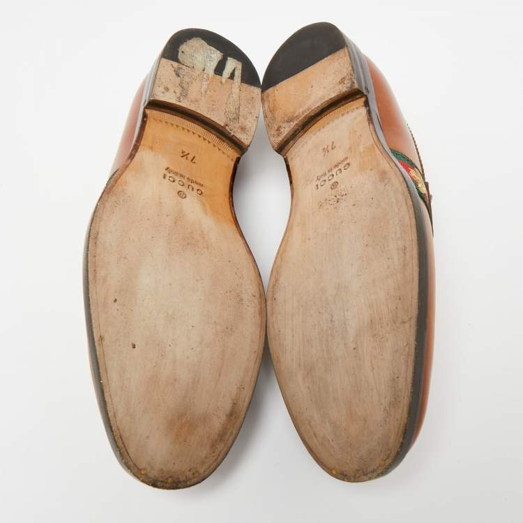 Pre Owned Gucci Brown Leather Web Slip On Loafers Size 41.5