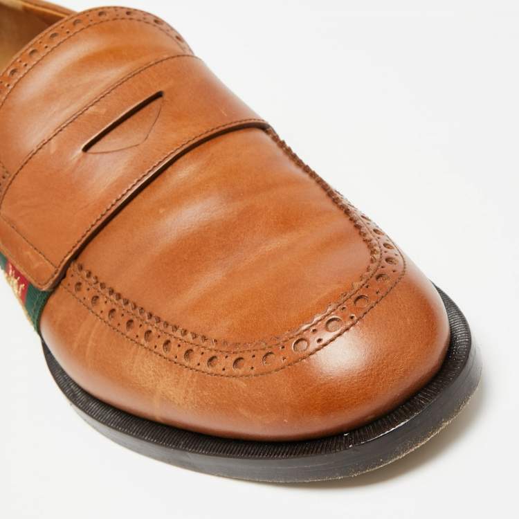 Pre Owned Gucci Brown Leather Web Slip On Loafers Size 41.5