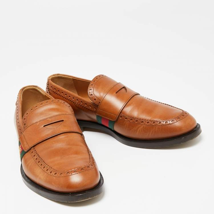 Pre Owned Gucci Brown Leather Web Slip On Loafers Size 41.5