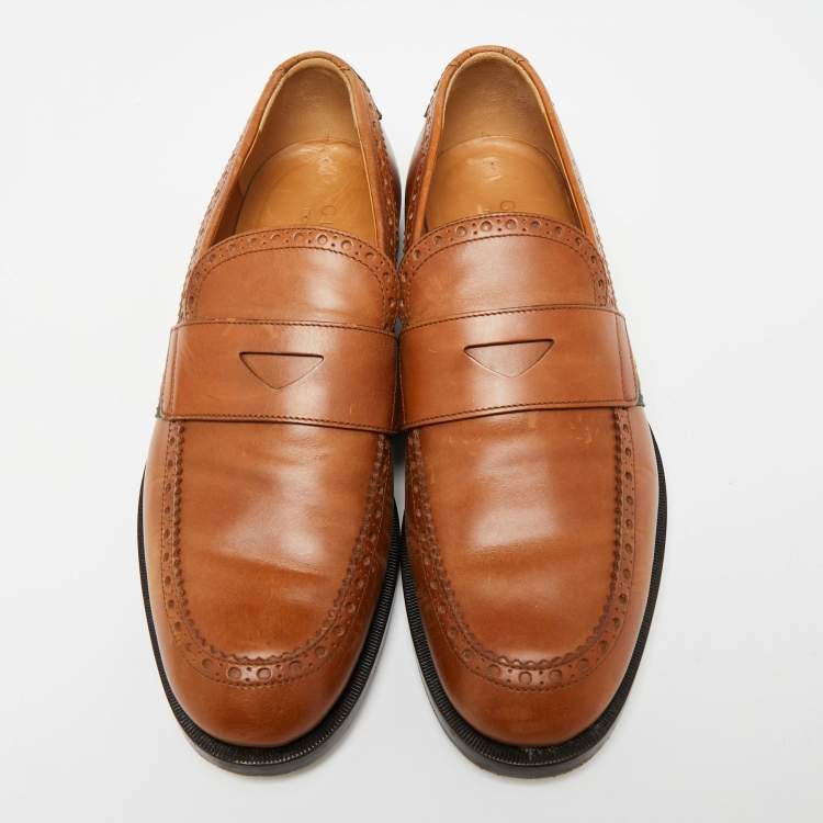 Pre Owned Gucci Brown Leather Web Slip On Loafers Size 41.5