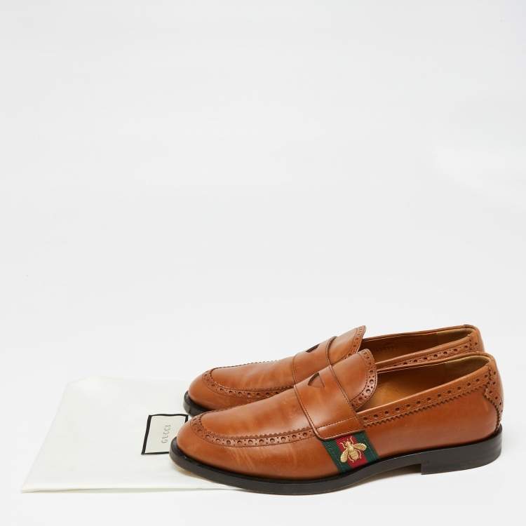 Pre Owned Gucci Brown Leather Web Slip On Loafers Size 41.5