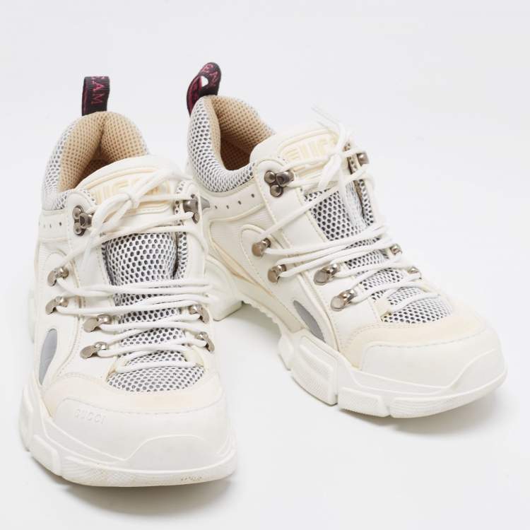 Pre Owned Gucci White/Cream Mesh And Leather Flashtrek Sneakers Size 41