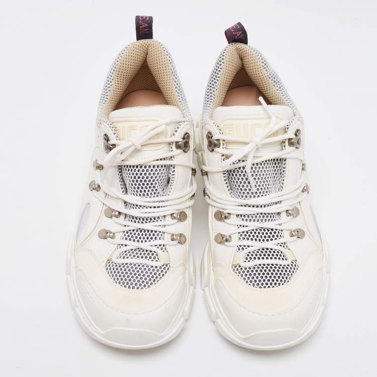 Pre Owned Gucci White/Cream Mesh And Leather Flashtrek Sneakers Size 41