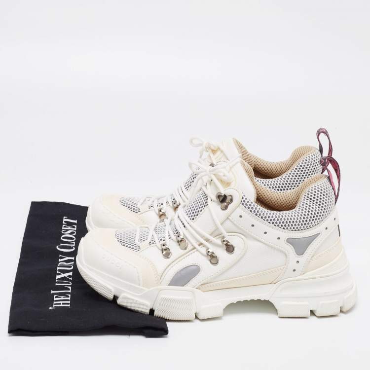 Pre Owned Gucci White/Cream Mesh And Leather Flashtrek Sneakers Size 41