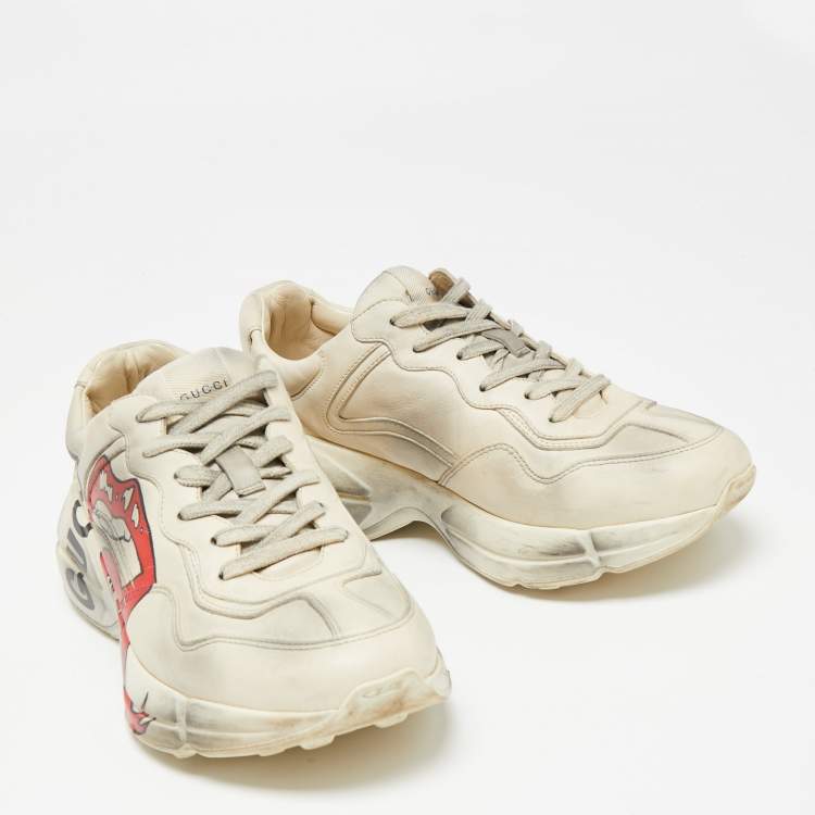 Pre Owned Gucci Off White Leather Rhyton Sneakers Size 40