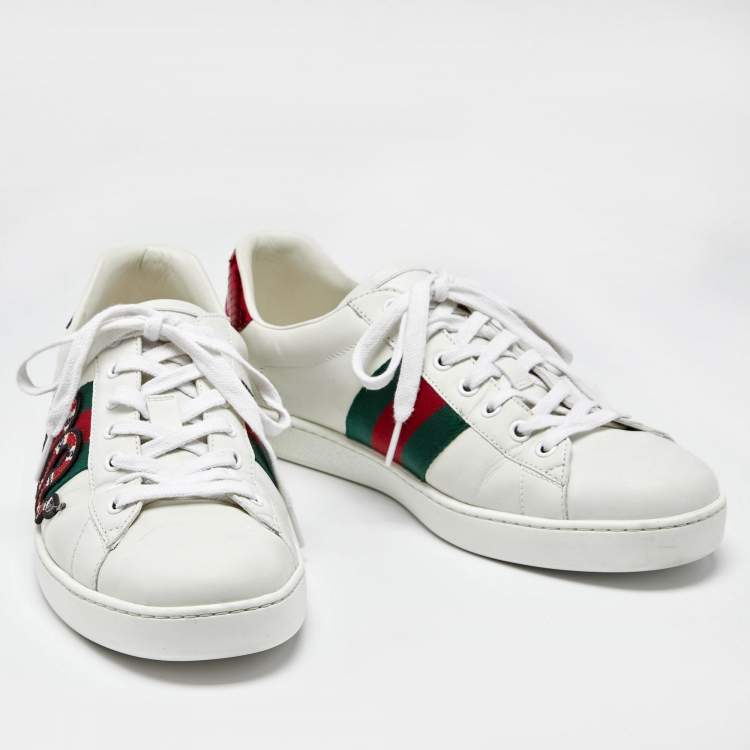 Pre Owned Gucci White Leather Ace Snake Sneakers Size 43