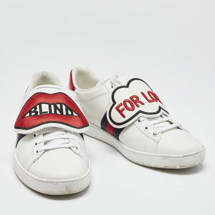 Pre Owned Gucci White Leather Blind For Love Patch Ace Low Top Sneakers Size 39