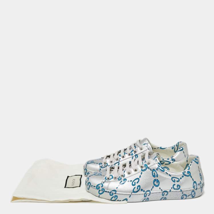 مملوكة مسبقًا Gucci Silver Patent Leather Ace GG Ghost Sneakers Size 40