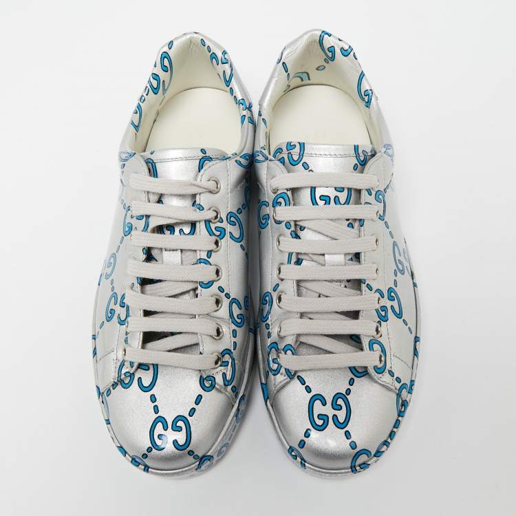 مملوكة مسبقًا Gucci Silver Patent Leather Ace GG Ghost Sneakers Size 40
