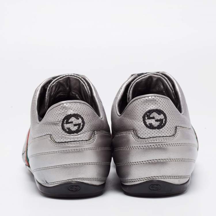 Pre Owned Gucci Metallic Grey Leather Web Low-Top Sneakers Size 42.5