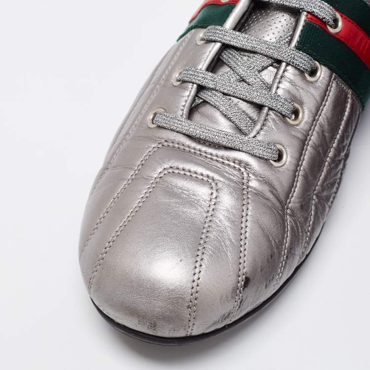 Pre Owned Gucci Metallic Grey Leather Web Low-Top Sneakers Size 42.5
