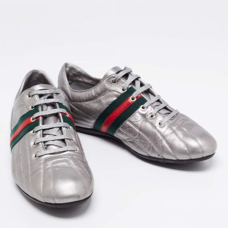 Pre Owned Gucci Metallic Grey Leather Web Low-Top Sneakers Size 42.5