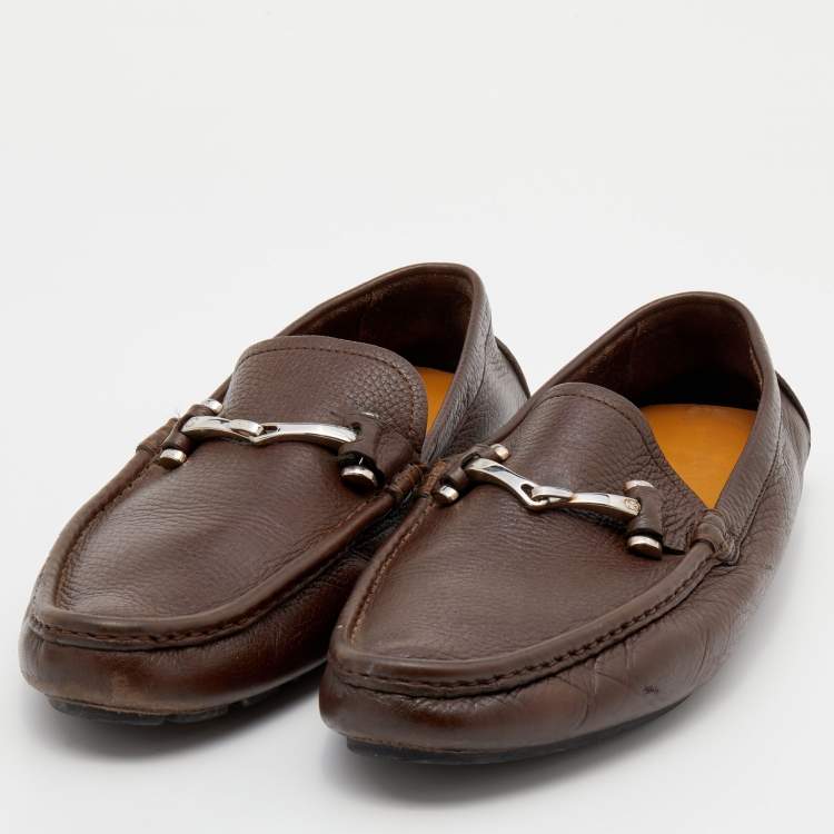 Pre Owned Gucci Brown Leather Slip On Loafers Size 41.5 