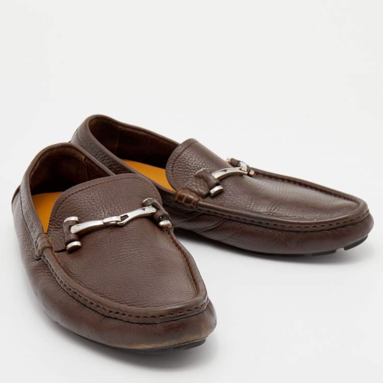 Pre Owned Gucci Brown Leather Slip On Loafers Size 41.5 