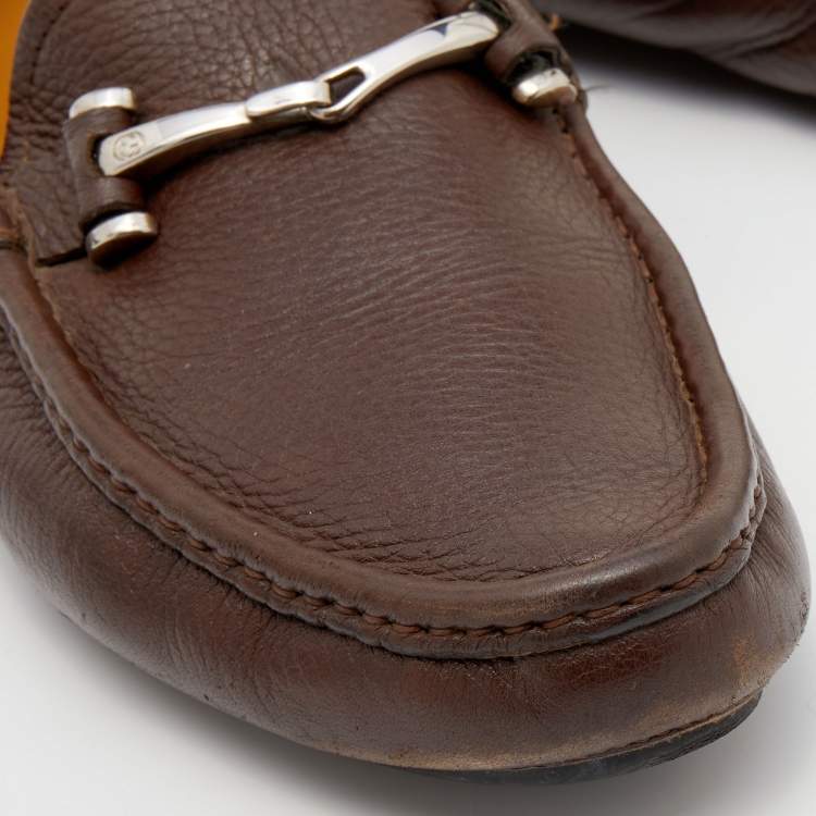 Pre Owned Gucci Brown Leather Slip On Loafers Size 41.5 