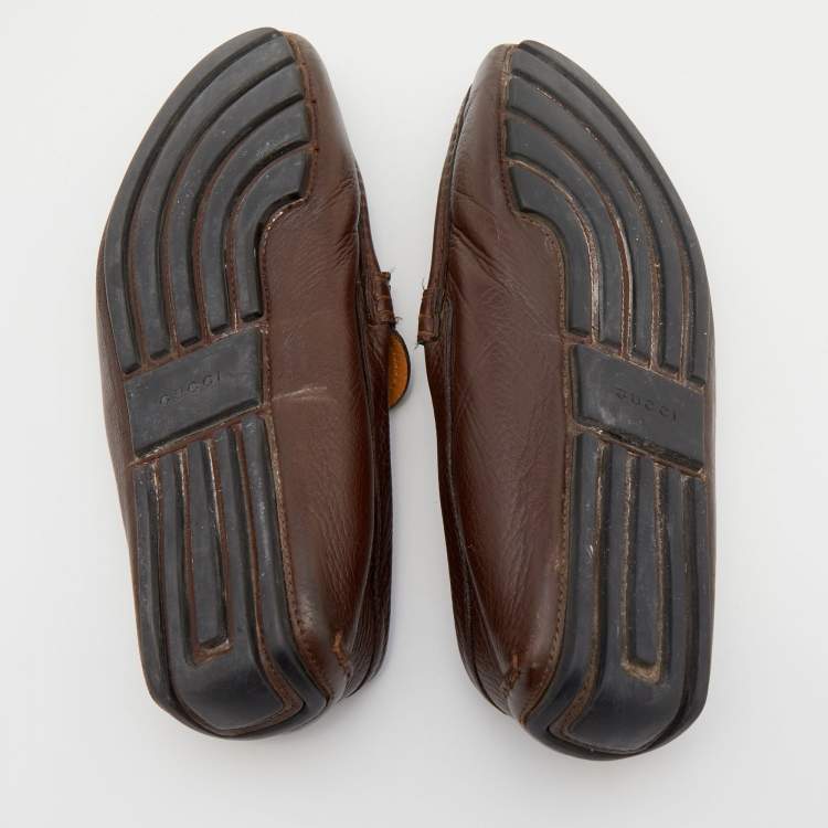 Pre Owned Gucci Brown Leather Slip On Loafers Size 41.5 