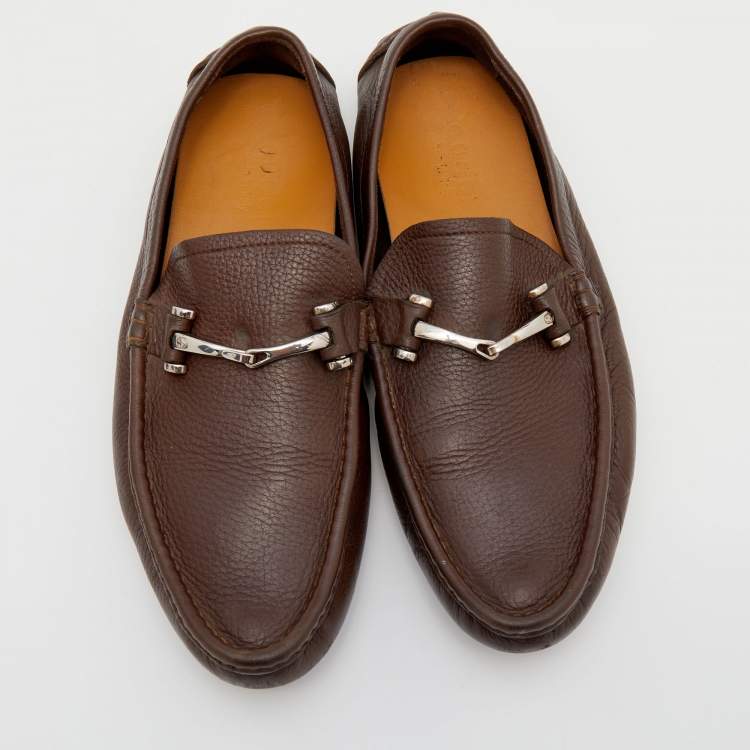 Pre Owned Gucci Brown Leather Slip On Loafers Size 41.5 