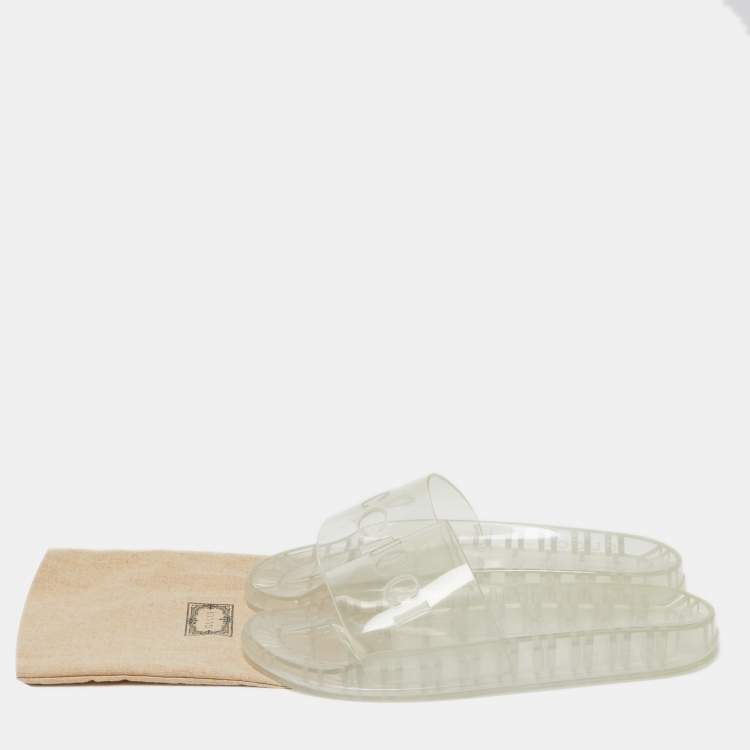 Pre Owned Gucci Transparent Rubber Logo Slide Flat Sandals Size 46