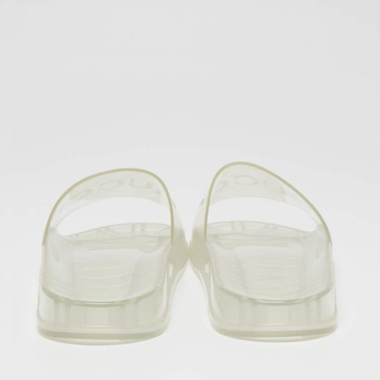 Pre Owned Gucci Transparent Rubber Logo Slide Flat Sandals Size 46
