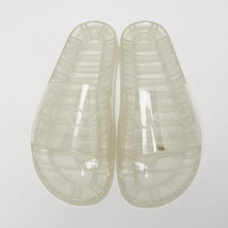 Pre Owned Gucci Transparent Rubber Logo Slide Flat Sandals Size 46