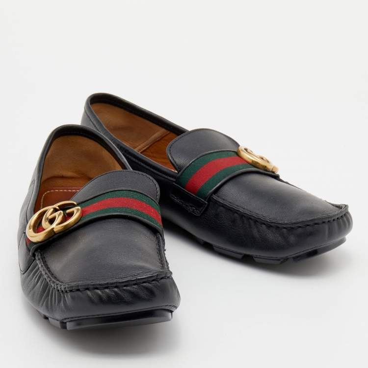 Pre Owned Gucci Black Leather GG Marmont Web Driver Slip On Loafers Size 40