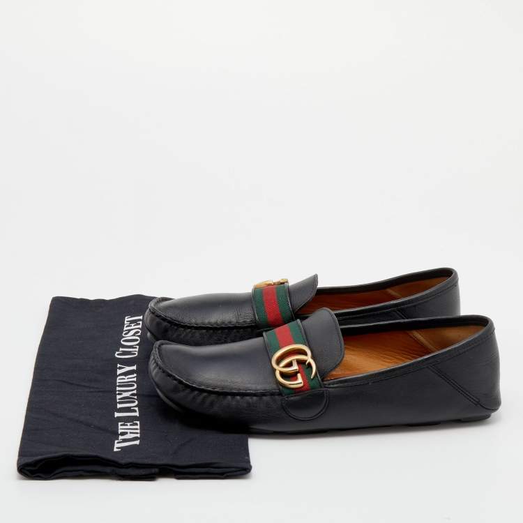 Pre Owned Gucci Black Leather GG Marmont Web Driver Slip On Loafers Size 40