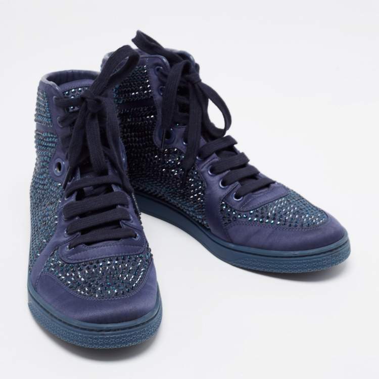 Pre Owned Gucci Blue Satin Crystal Embellished High Top Sneakers Size 39.5