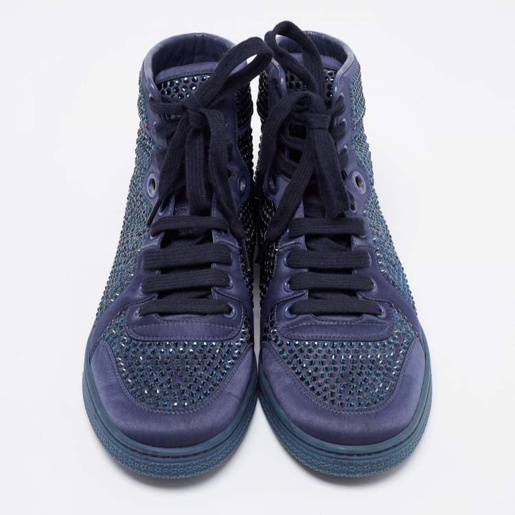 Pre Owned Gucci Blue Satin Crystal Embellished High Top Sneakers Size 39.5