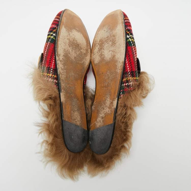 Pre Owned Gucci Multicolor Woven Fabric And Fur Princetown Mules Size 44