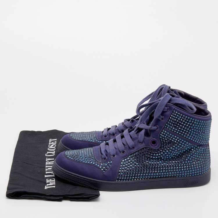 Pre Owned Gucci Purple Crystal Embellished Satin And Leather High Top Sneakers Size 43.5