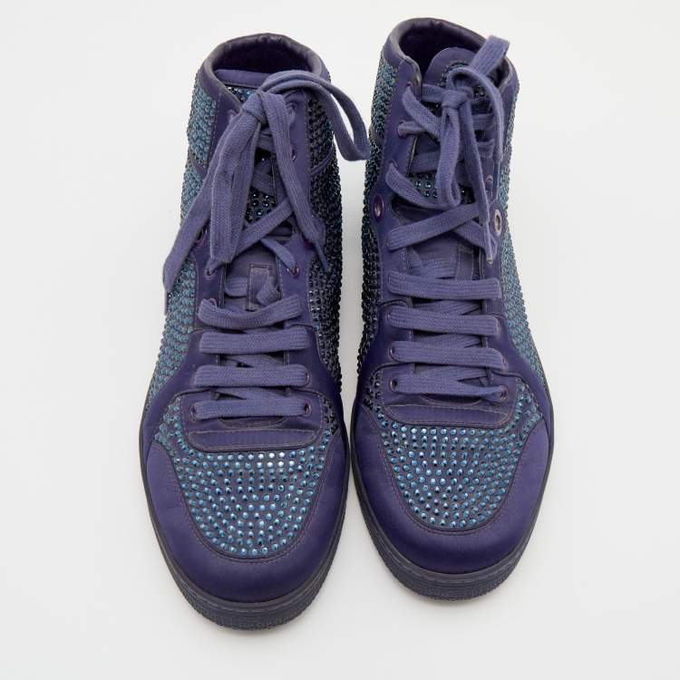 Pre Owned Gucci Purple Crystal Embellished Satin And Leather High Top Sneakers Size 43.5