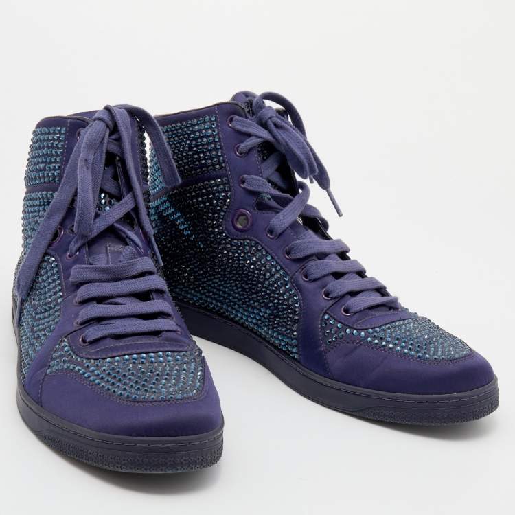 Pre Owned Gucci Purple Crystal Embellished Satin And Leather High Top Sneakers Size 43.5