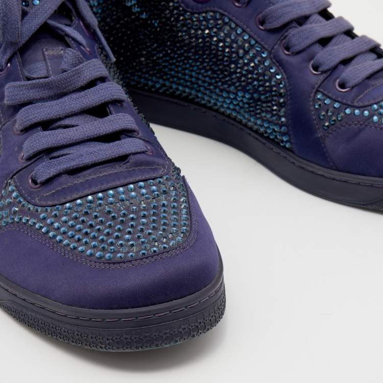 Pre Owned Gucci Purple Crystal Embellished Satin And Leather High Top Sneakers Size 43.5
