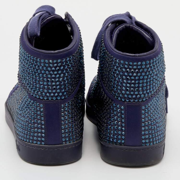 Pre Owned Gucci Purple Crystal Embellished Satin And Leather High Top Sneakers Size 43.5
