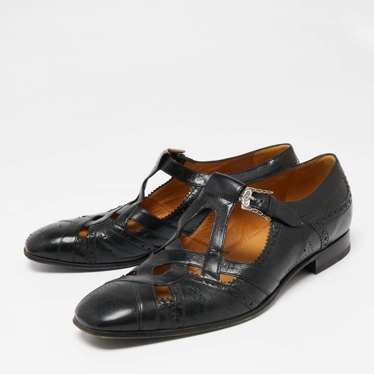 Pre Owned Gucci Black Leather Cut Out Brogue Loafers  Size 44