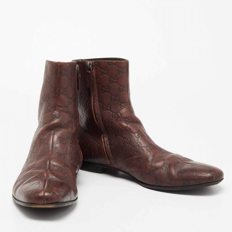 Pre Owned Gucci Dark Brown Guccissima Leather Ankle Length Boots Size 44