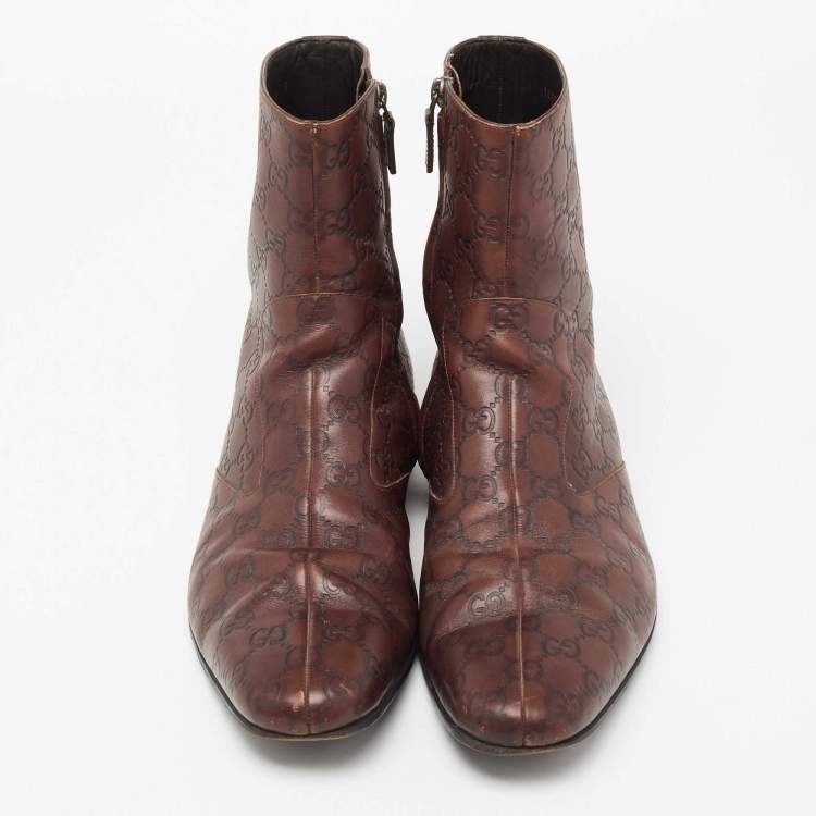 Pre Owned Gucci Dark Brown Guccissima Leather Ankle Length Boots Size 44