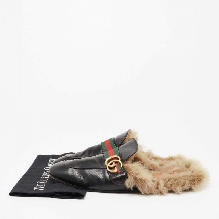 Pre Owned Gucci Black Leather and Fur Lined GG Marmont Princetown Mules Size 43