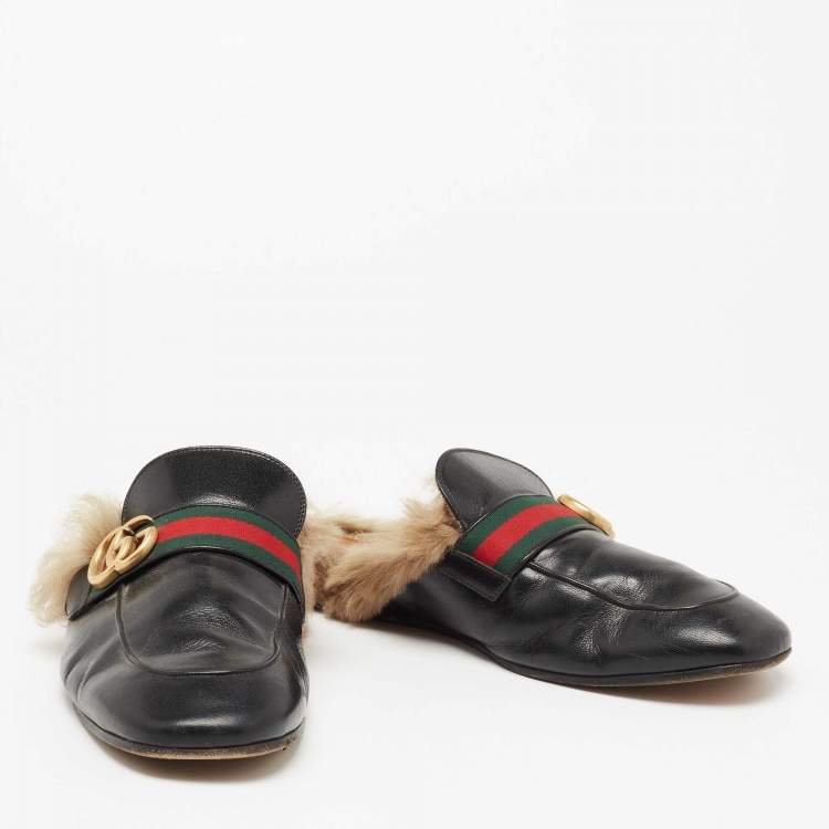 Pre Owned Gucci Black Leather and Fur Lined GG Marmont Princetown Mules Size 43