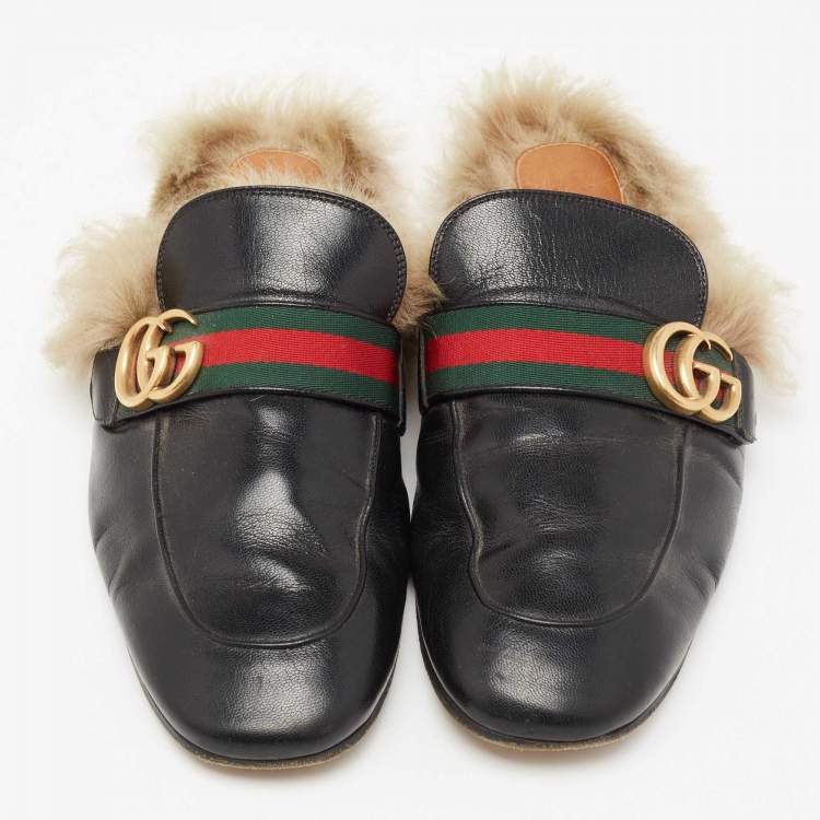 Pre Owned Gucci Black Leather and Fur Lined GG Marmont Princetown Mules Size 43