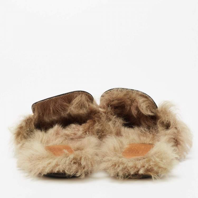 Pre Owned Gucci Black Leather and Fur Lined GG Marmont Princetown Mules Size 43